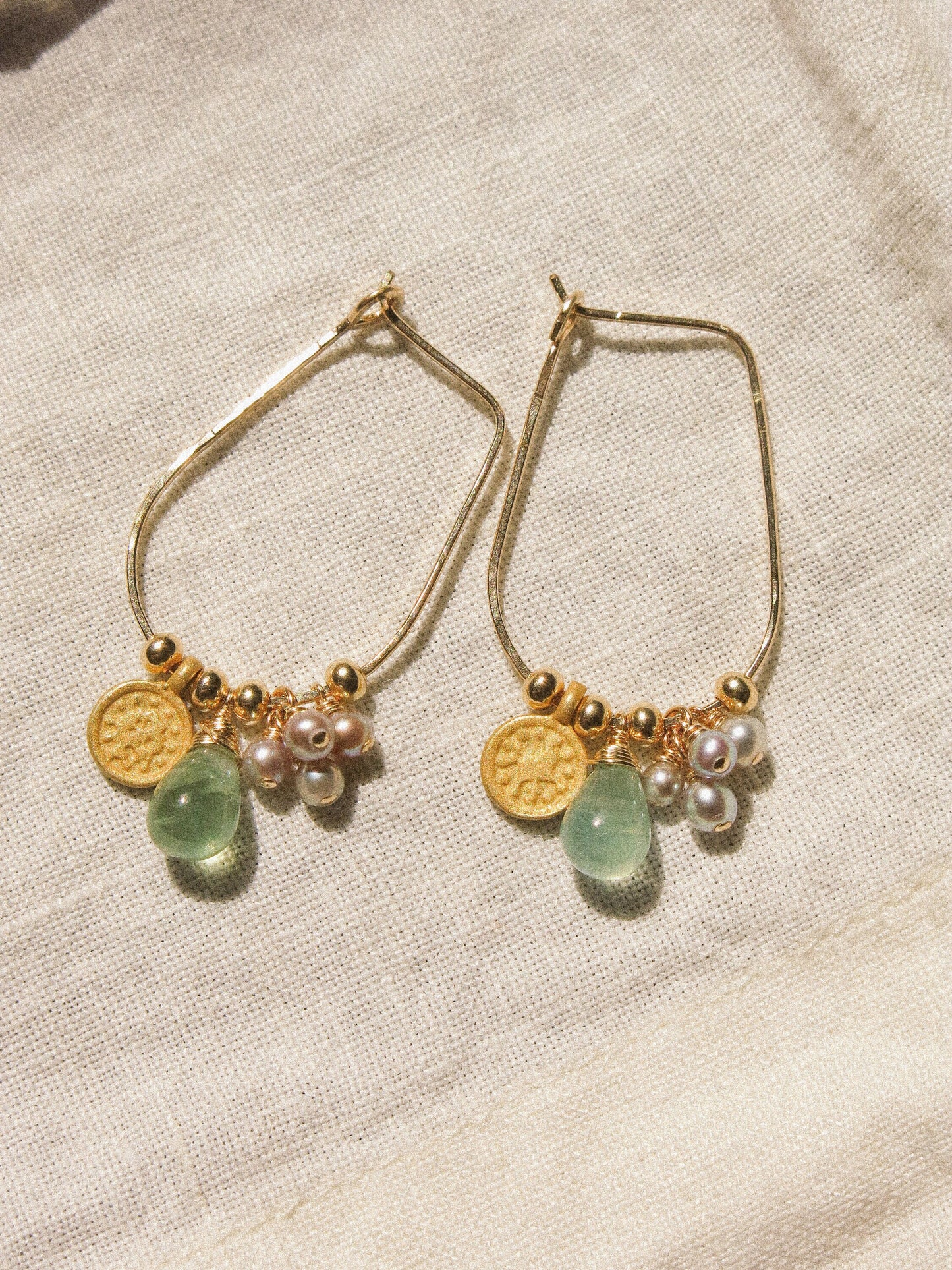Hammered Oval Hoop Earrings with Matte Gold Vermeil Coin Charm, Silver Round Pearl Clusters, and Smooth Prehnite Drops, June Birthstone