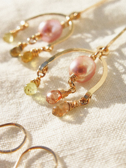 Lantern Bar Shoulder Dusters Earrings with Arc Chandelier, Mauve Pearl, and faceted Zircon Teardrops in 14K Gold Fill, December Birthstone