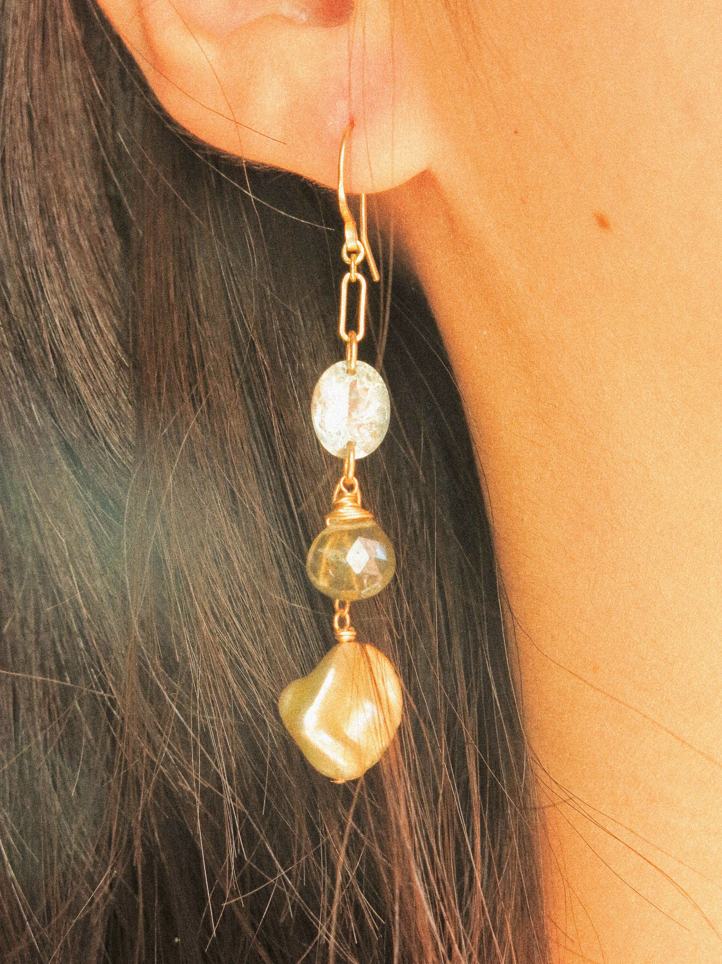 Golden Keshi Pearl, Faceted Aquamarine, and Faceted Moss Aquamarine Briolette Dangle Earrings in 14K Gold Ill, March and June Birthstone