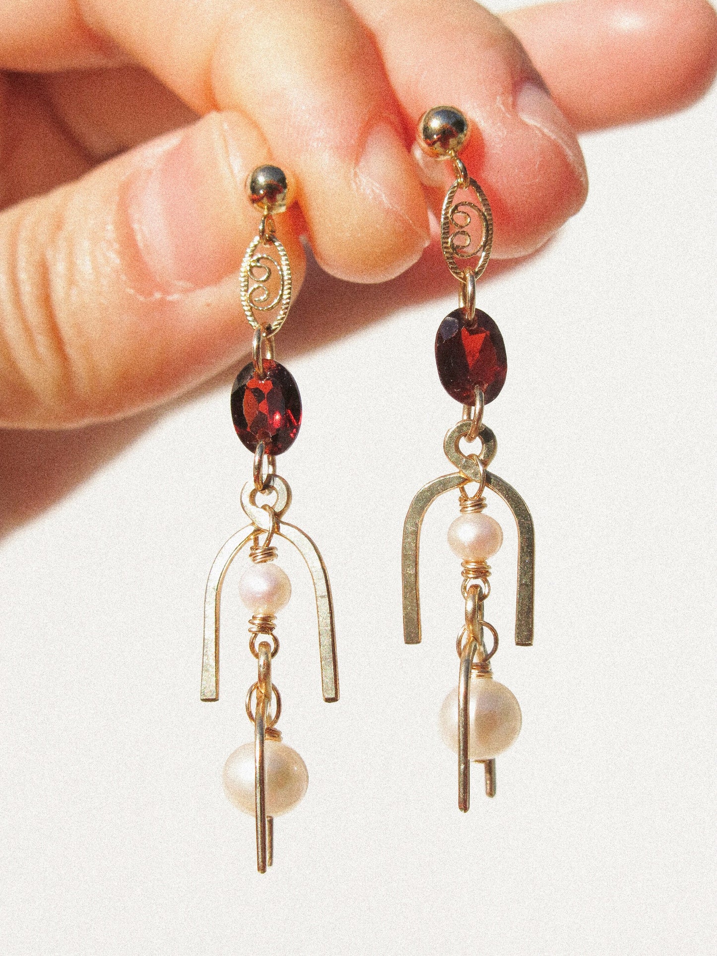 White Pearl and Faceted Oval Mozambique Garnet and 3D Arc Ball Post Earrings in 14K Gold Fill, January and June Birthstone, Cascading Dangle