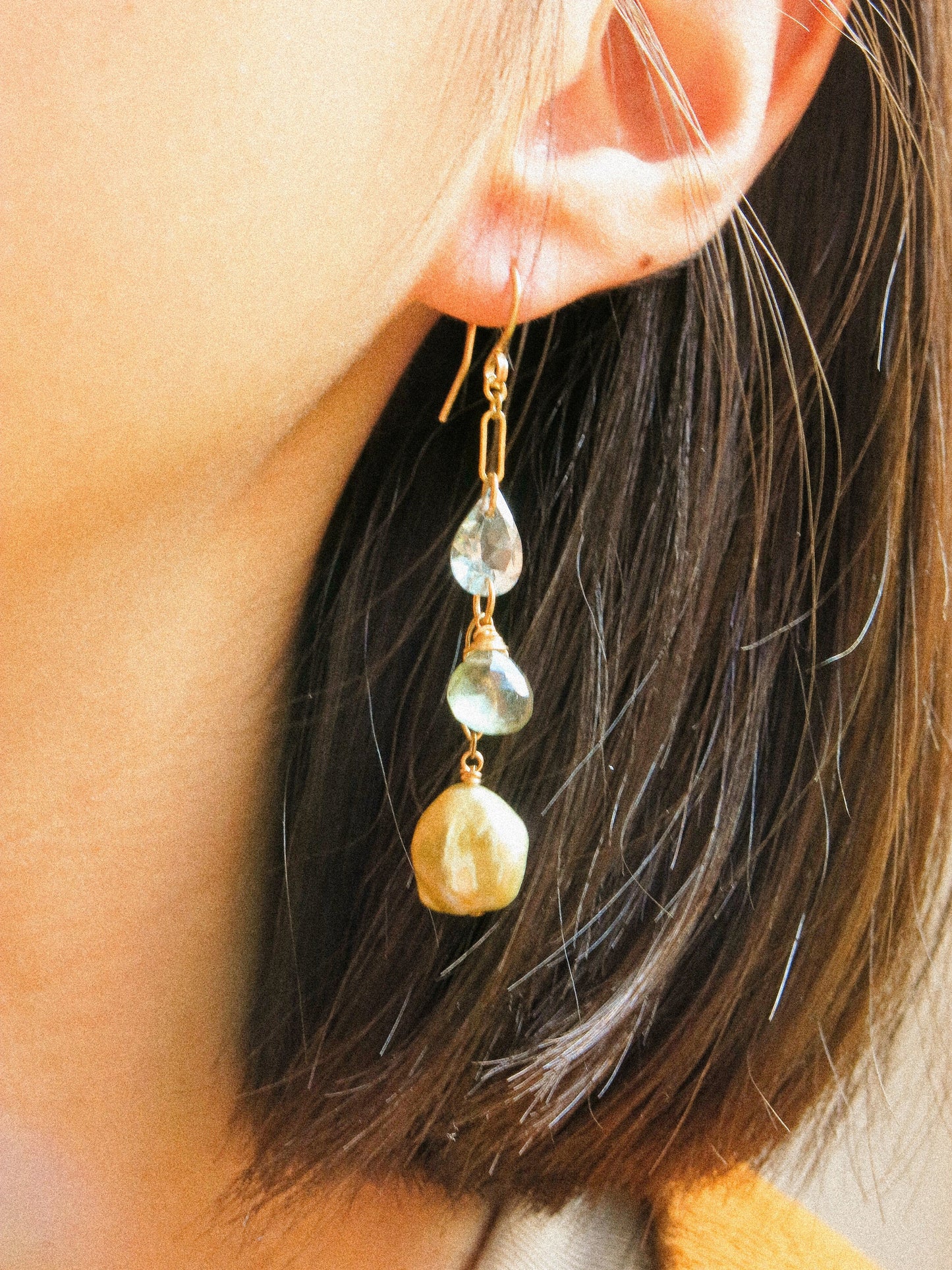 Golden Keshi Pearl, Faceted Aquamarine, and Faceted Moss Aquamarine Briolette Dangle Earrings in 14K Gold Ill, March and June Birthstone