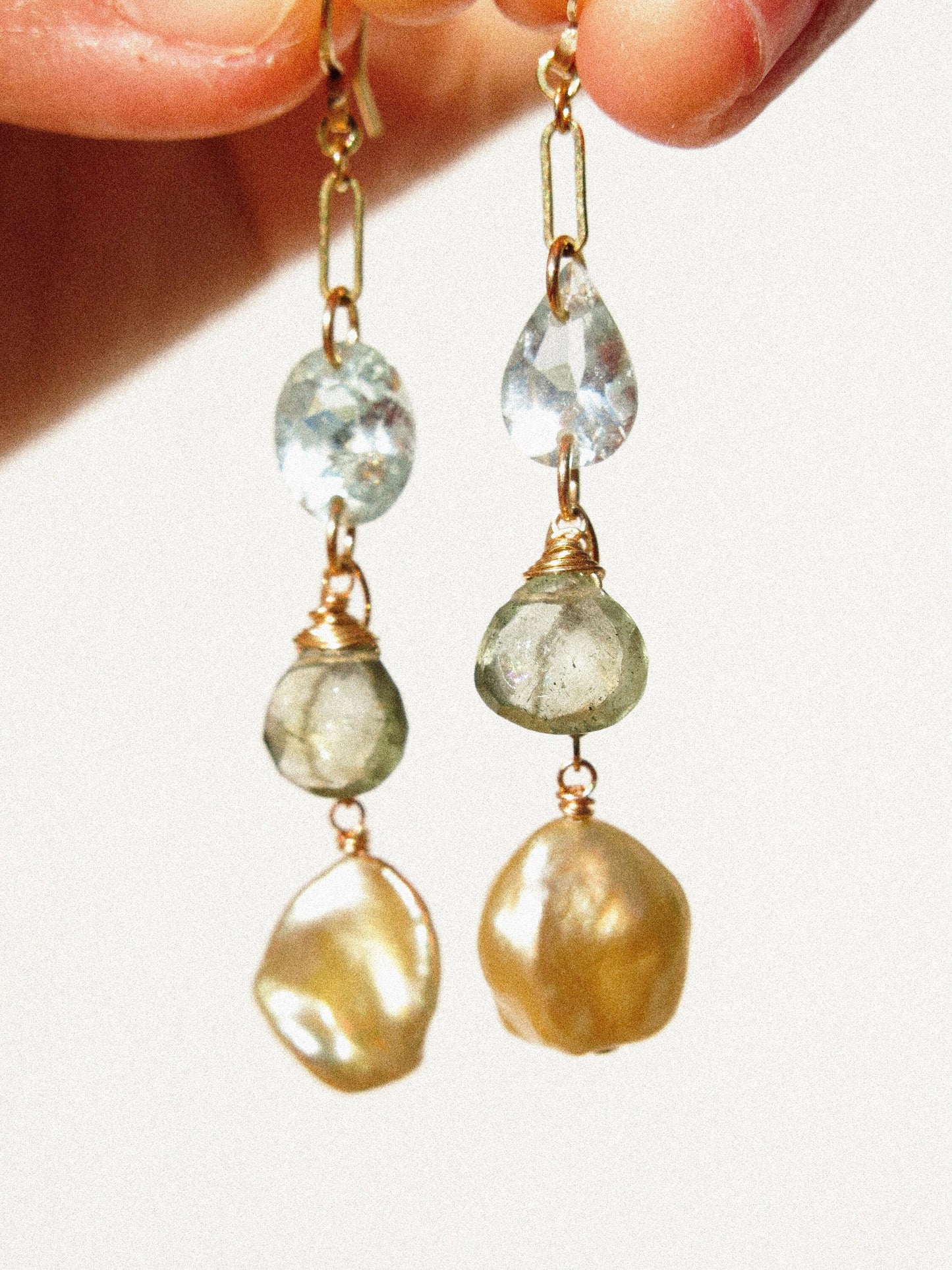 Golden Keshi Pearl, Faceted Aquamarine, and Faceted Moss Aquamarine Briolette Dangle Earrings in 14K Gold Ill, March and June Birthstone