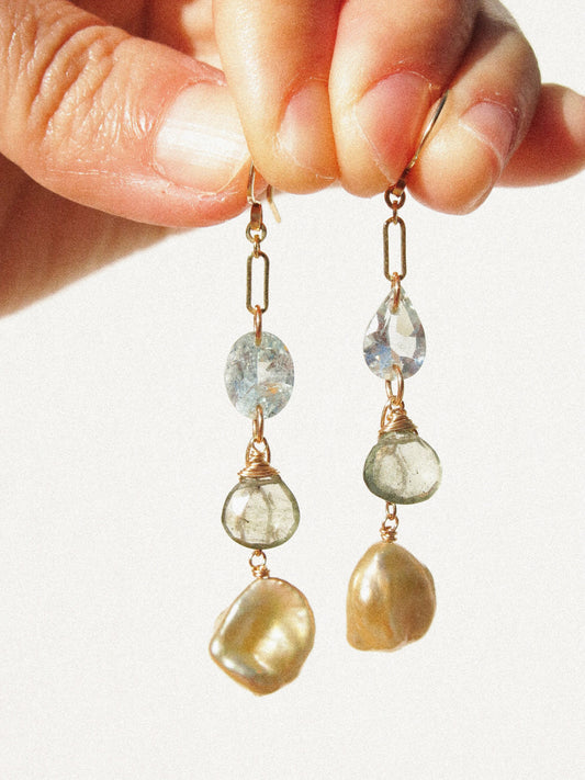 Golden Keshi Pearl, Faceted Aquamarine, and Faceted Moss Aquamarine Briolette Dangle Earrings in 14K Gold Ill, March and June Birthstone