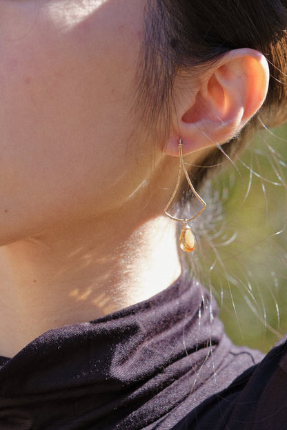 Ginko Earrings with Diamond Concave Cut Teardrop Citrine in 14K Gold Fill, November Birthstone, Simplistic Earrings, Dangle Earrings