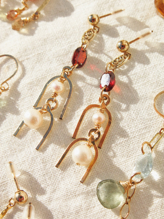 White Pearl and Faceted Oval Mozambique Garnet and 3D Arc Ball Post Earrings in 14K Gold Fill, January and June Birthstone, Cascading Dangle