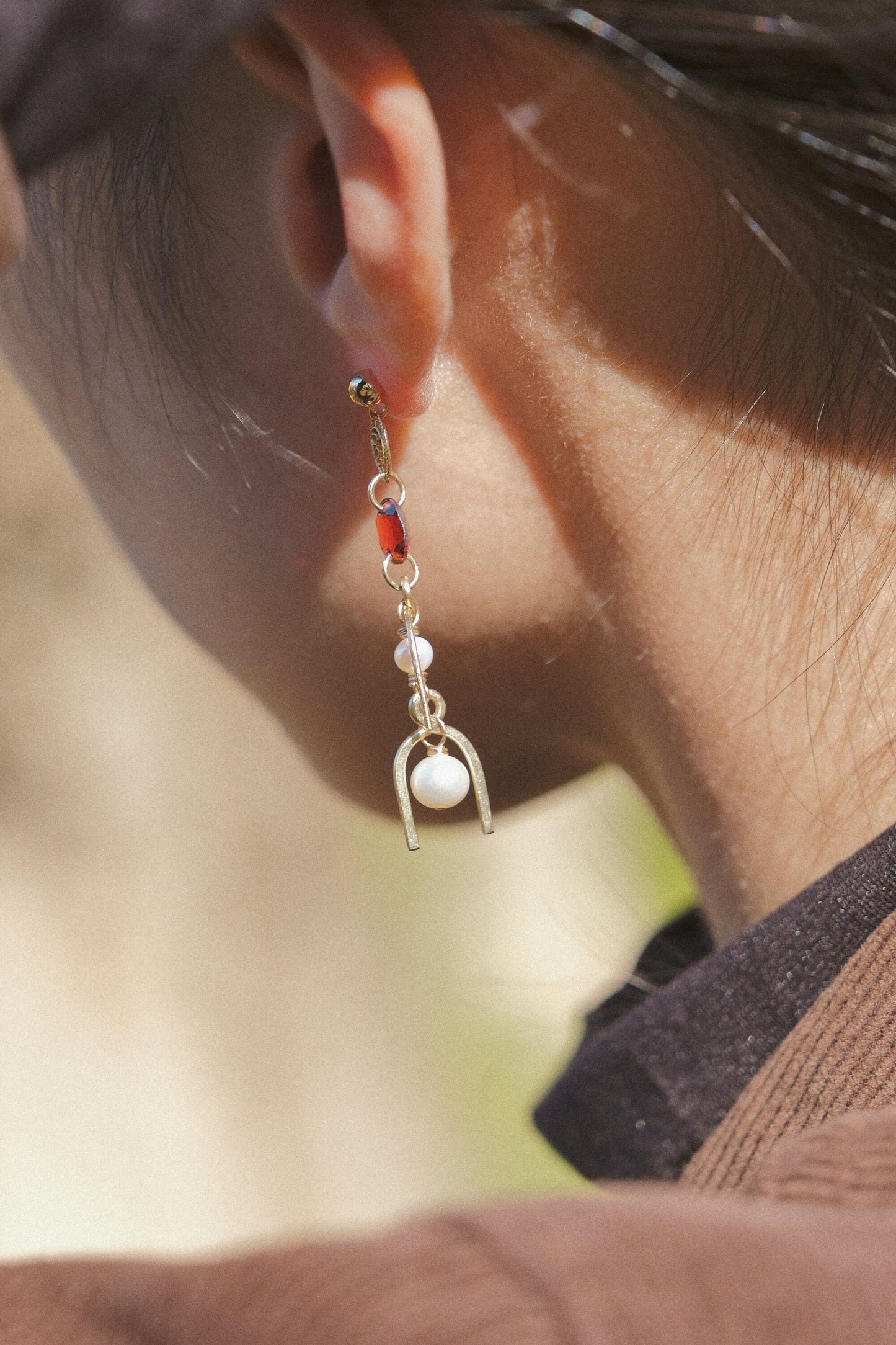 White Pearl and Faceted Oval Mozambique Garnet and 3D Arc Ball Post Earrings in 14K Gold Fill, January and June Birthstone, Cascading Dangle