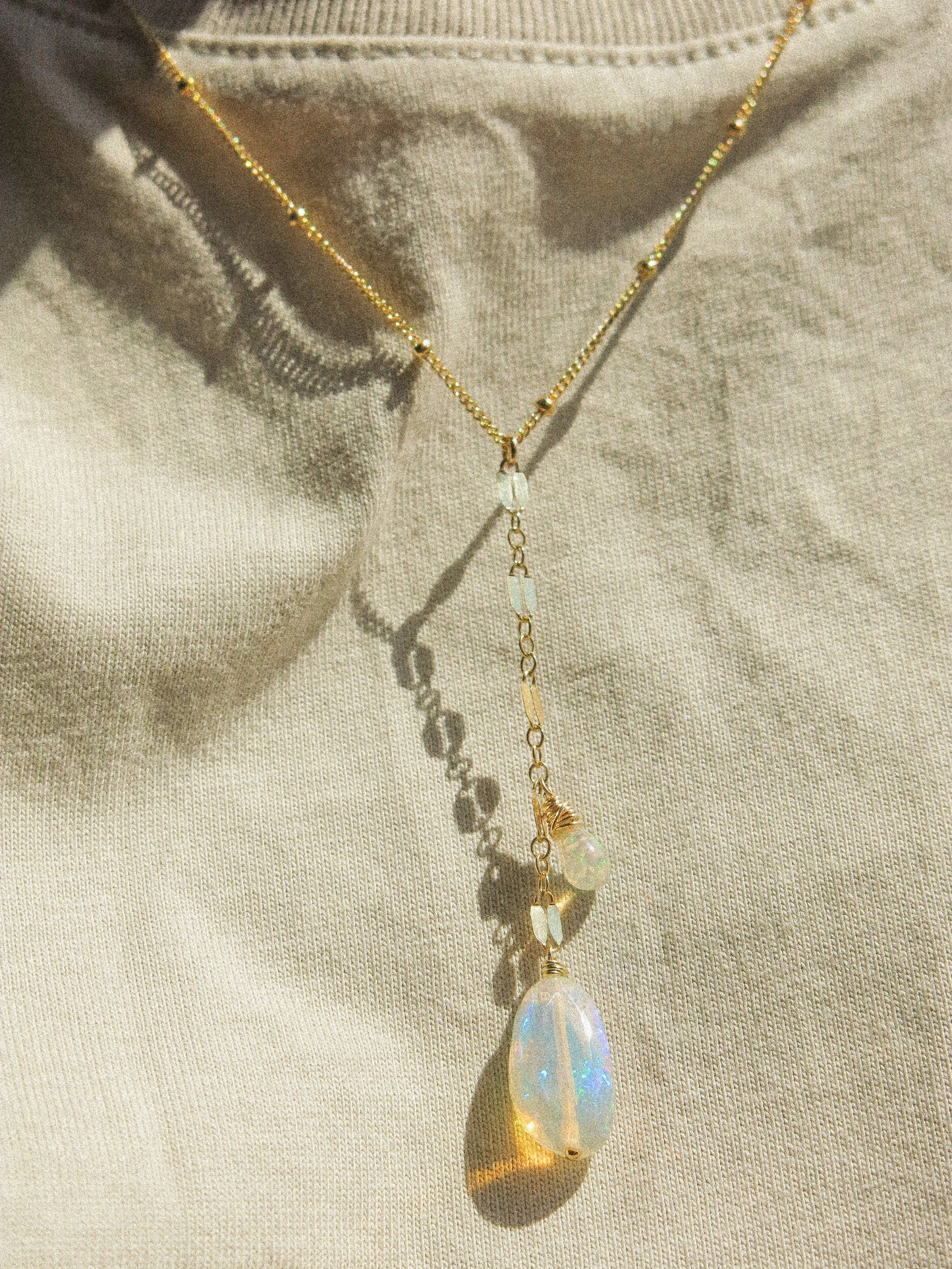 Faceted AAA Ethiopian Welo Opal on smooth Opal Lariat Necklace in 14K Gold Fill, October Birthstone, Y necklace, Victorian-inspired jewelry