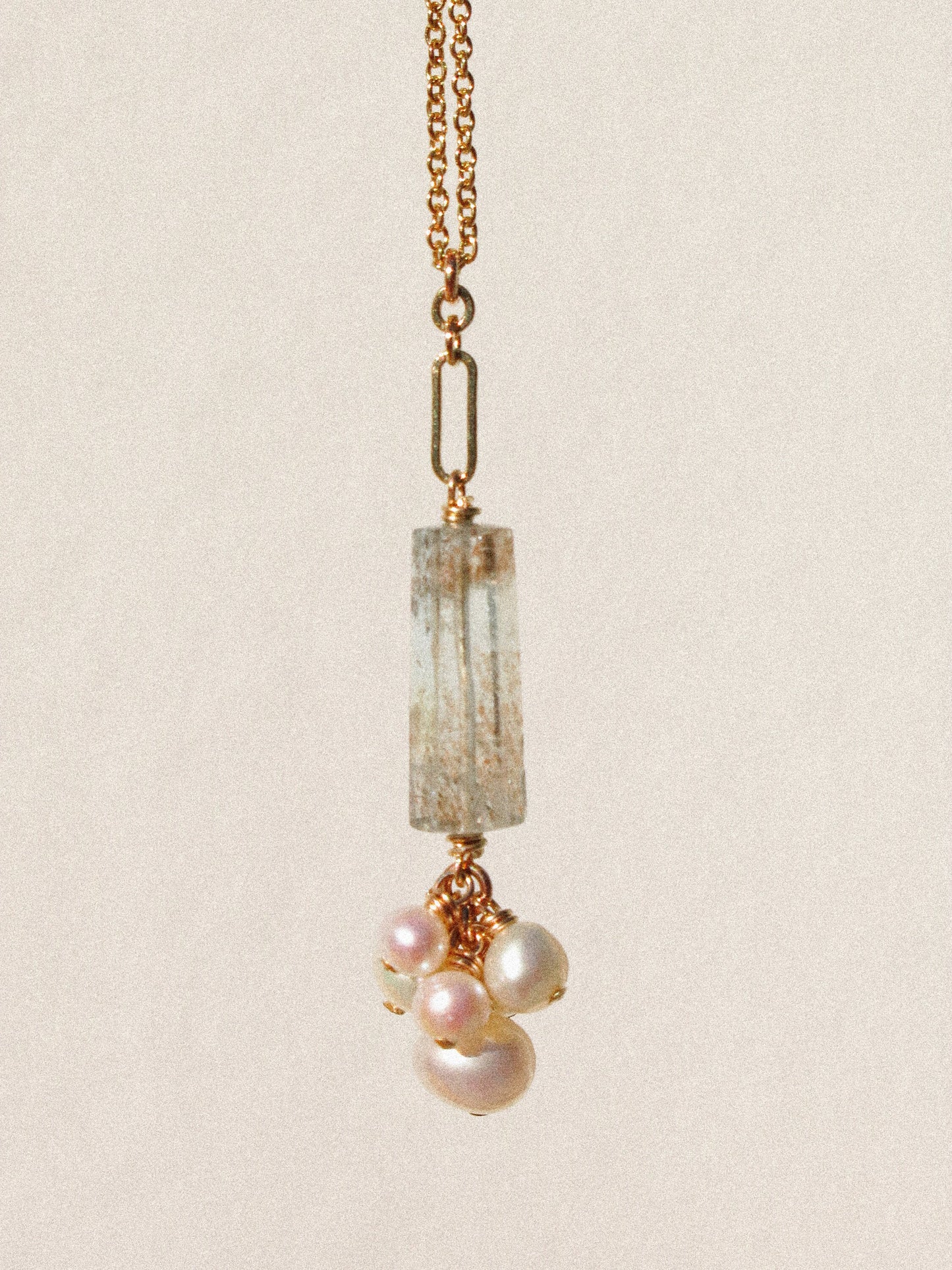 Faceted Tube Copper Aquamarine and White Pearl Cluster Necklace in 14K Gold Fill, March Birthstone, Wire Wrapped Victorian-inspired jewelry