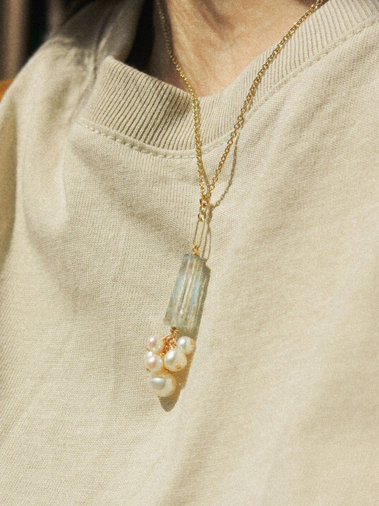 Faceted Tube Copper Aquamarine and White Pearl Cluster Necklace in 14K Gold Fill, March Birthstone, Wire Wrapped Victorian-inspired jewelry