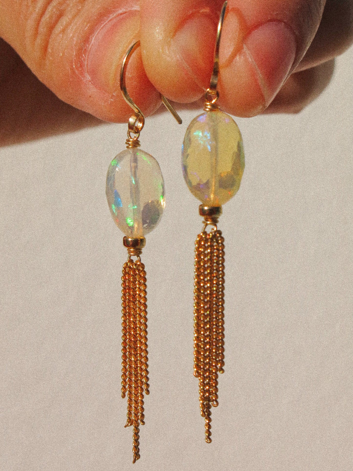 Faceted AAA Ethiopian Welo Opal and Curb Chain Tassel Dangle Earrings in 14K Gold Fill, October Birthstone, Victorian-inspired jewelry