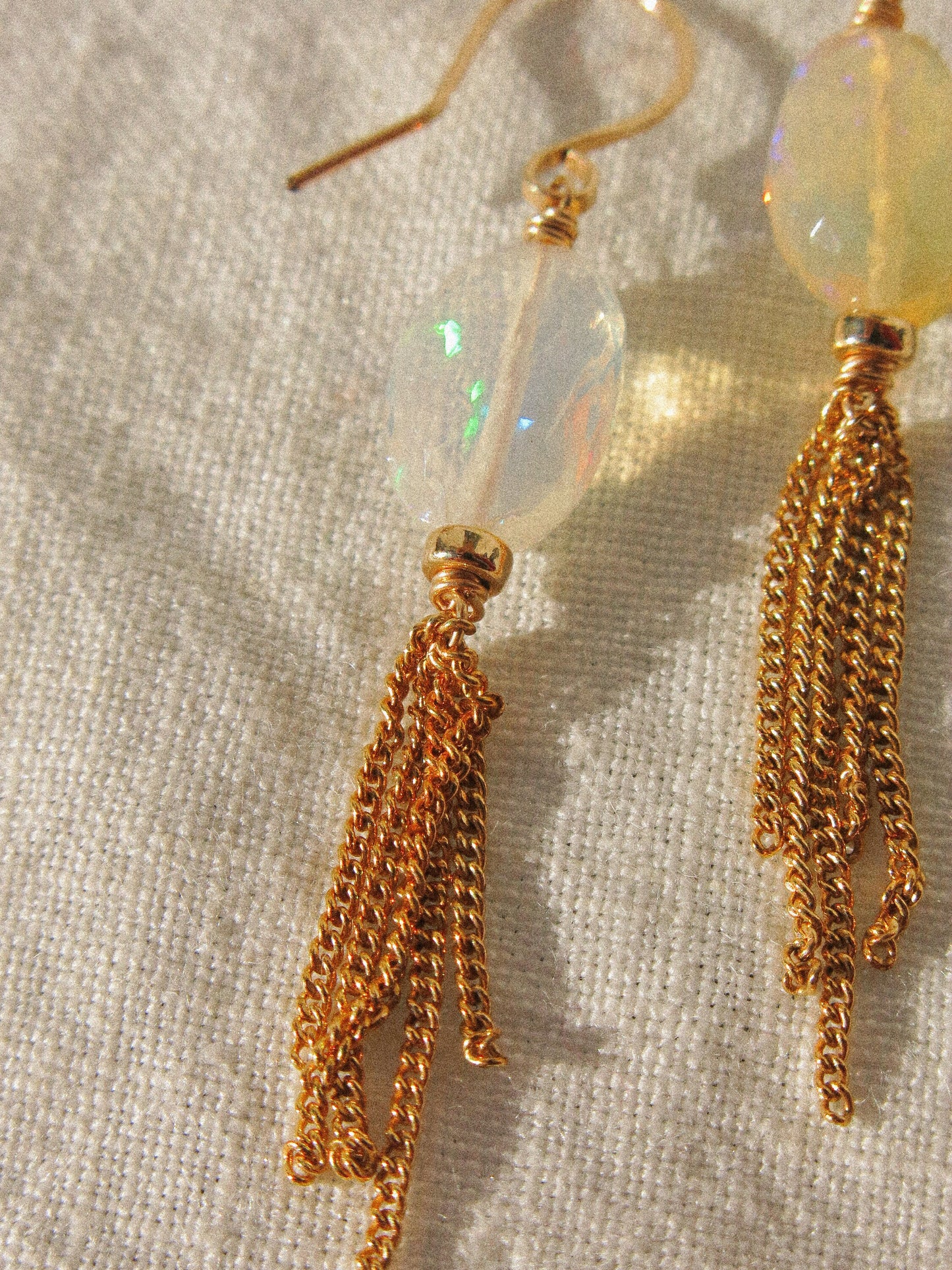 Faceted AAA Ethiopian Welo Opal and Curb Chain Tassel Dangle Earrings in 14K Gold Fill, October Birthstone, Victorian-inspired jewelry