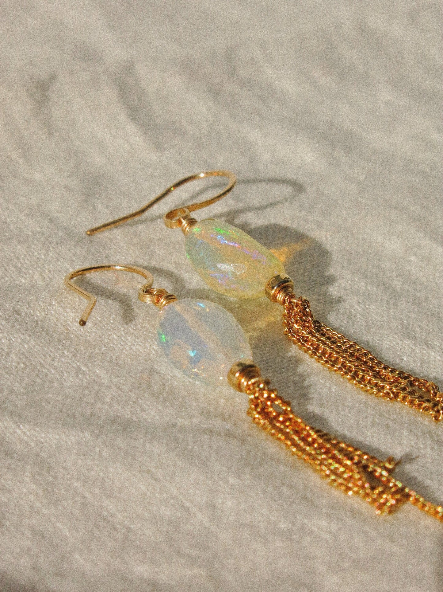 Faceted AAA Ethiopian Welo Opal and Curb Chain Tassel Dangle Earrings in 14K Gold Fill, October Birthstone, Victorian-inspired jewelry