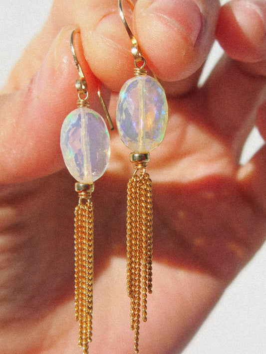 Faceted AAA Ethiopian Welo Opal and Curb Chain Tassel Dangle Earrings in 14K Gold Fill, October Birthstone, Victorian-inspired jewelry