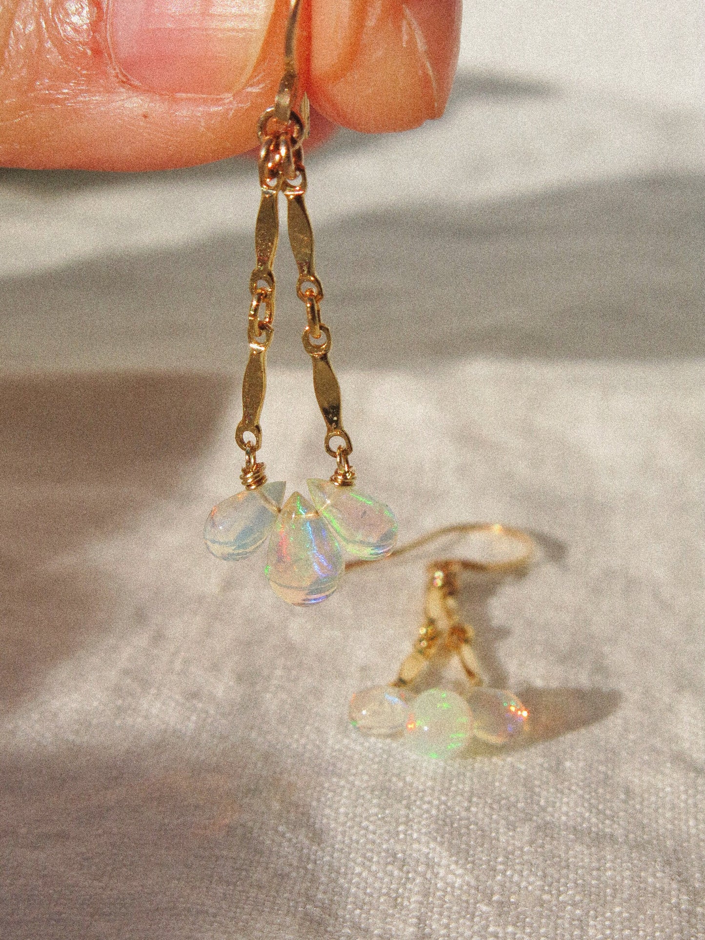 Smooth AAA Ethiopian Welo Opal Drop Trio Catcher Dangle Earrings in 14K Gold Fill, October Birthstone, Victorian-inspired jewelry, dainty