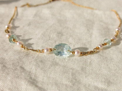 Faceted Oval Aquamarine and white Pearl Delicate Choker Necklace in 14K Gold Fill, March Birthstone, Wire Wrapped Victorian-inspired jewelry