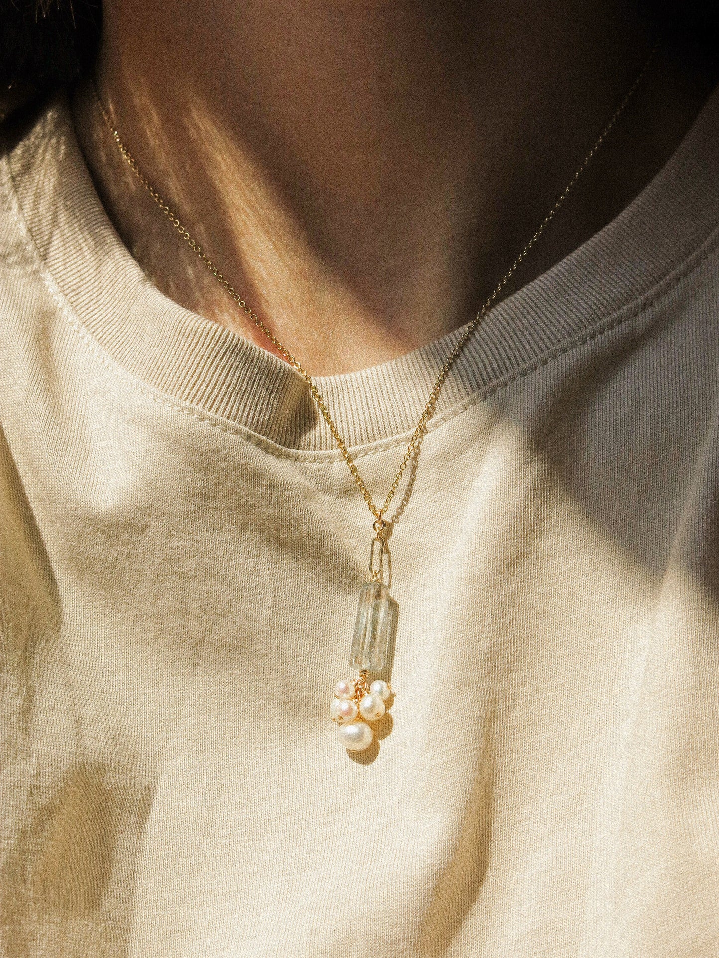 Faceted Tube Copper Aquamarine and White Pearl Cluster Necklace in 14K Gold Fill, March Birthstone, Wire Wrapped Victorian-inspired jewelry