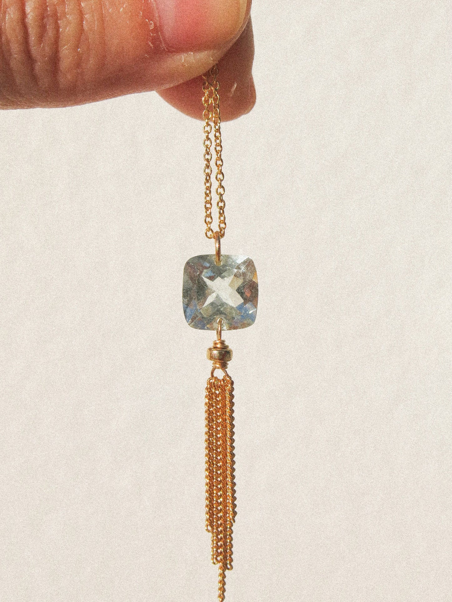 Faceted Cushion Cut Aquamarine Tassel Necklace in 14K Gold Fill, March Birthstone, 16", elegant Wire Wrapped Victorian-inspired jewelry