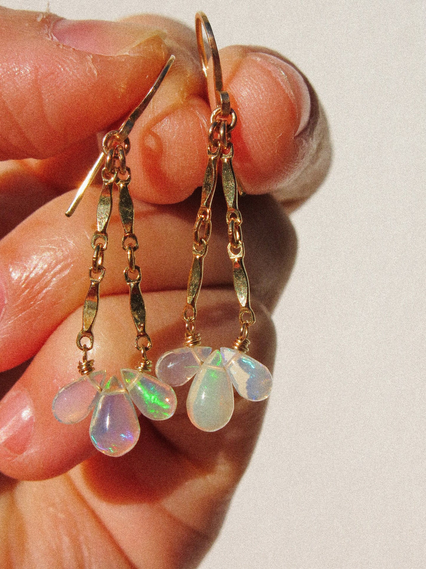 Smooth AAA Ethiopian Welo Opal Drop Trio Catcher Dangle Earrings in 14K Gold Fill, October Birthstone, Victorian-inspired jewelry, dainty