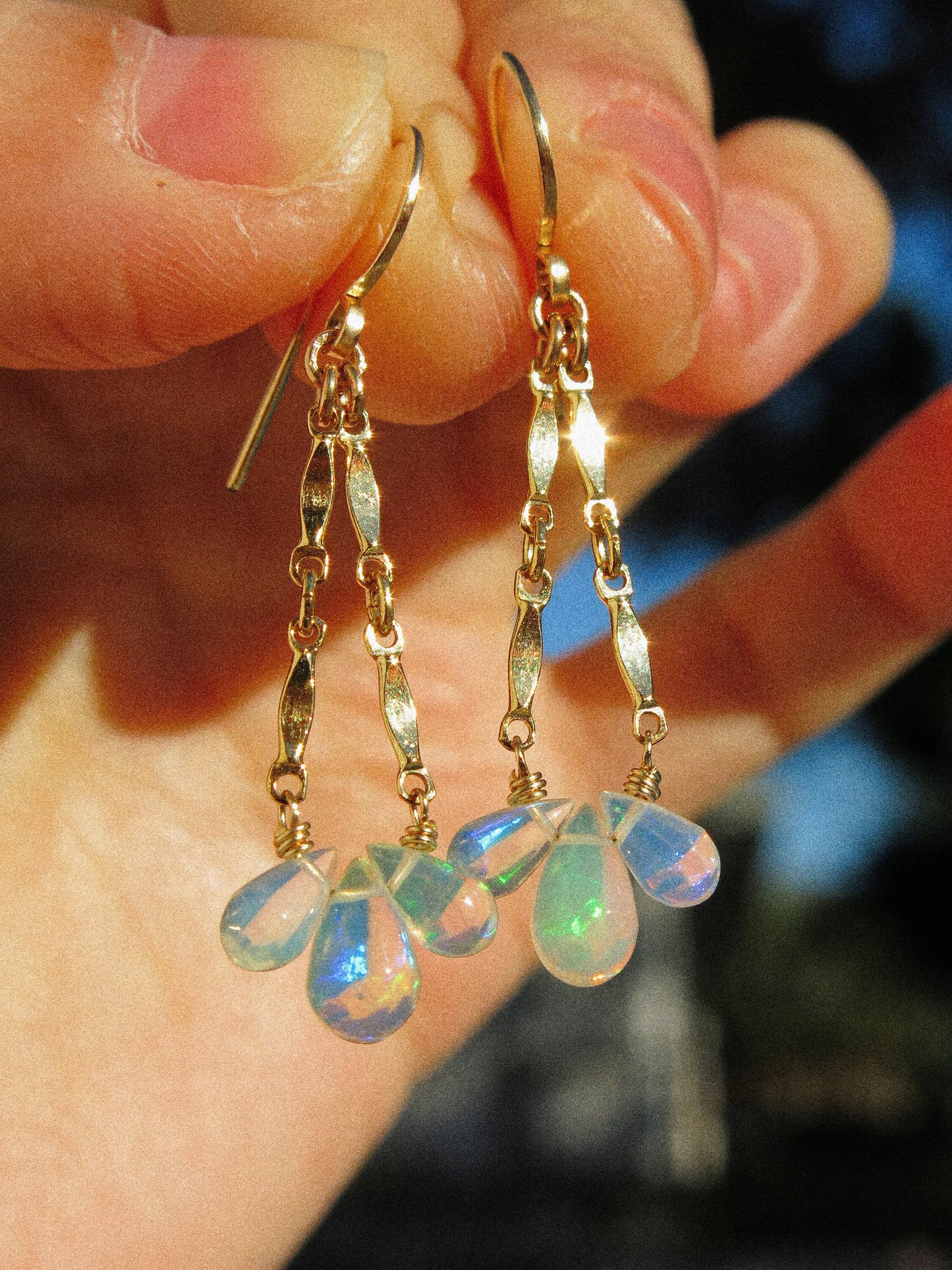 Smooth AAA Ethiopian Welo Opal Drop Trio Catcher Dangle Earrings in 14K Gold Fill, October Birthstone, Victorian-inspired jewelry, dainty