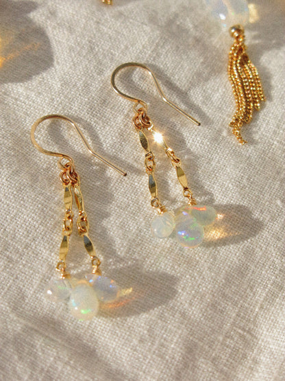 Smooth AAA Ethiopian Welo Opal Drop Trio Catcher Dangle Earrings in 14K Gold Fill, October Birthstone, Victorian-inspired jewelry, dainty