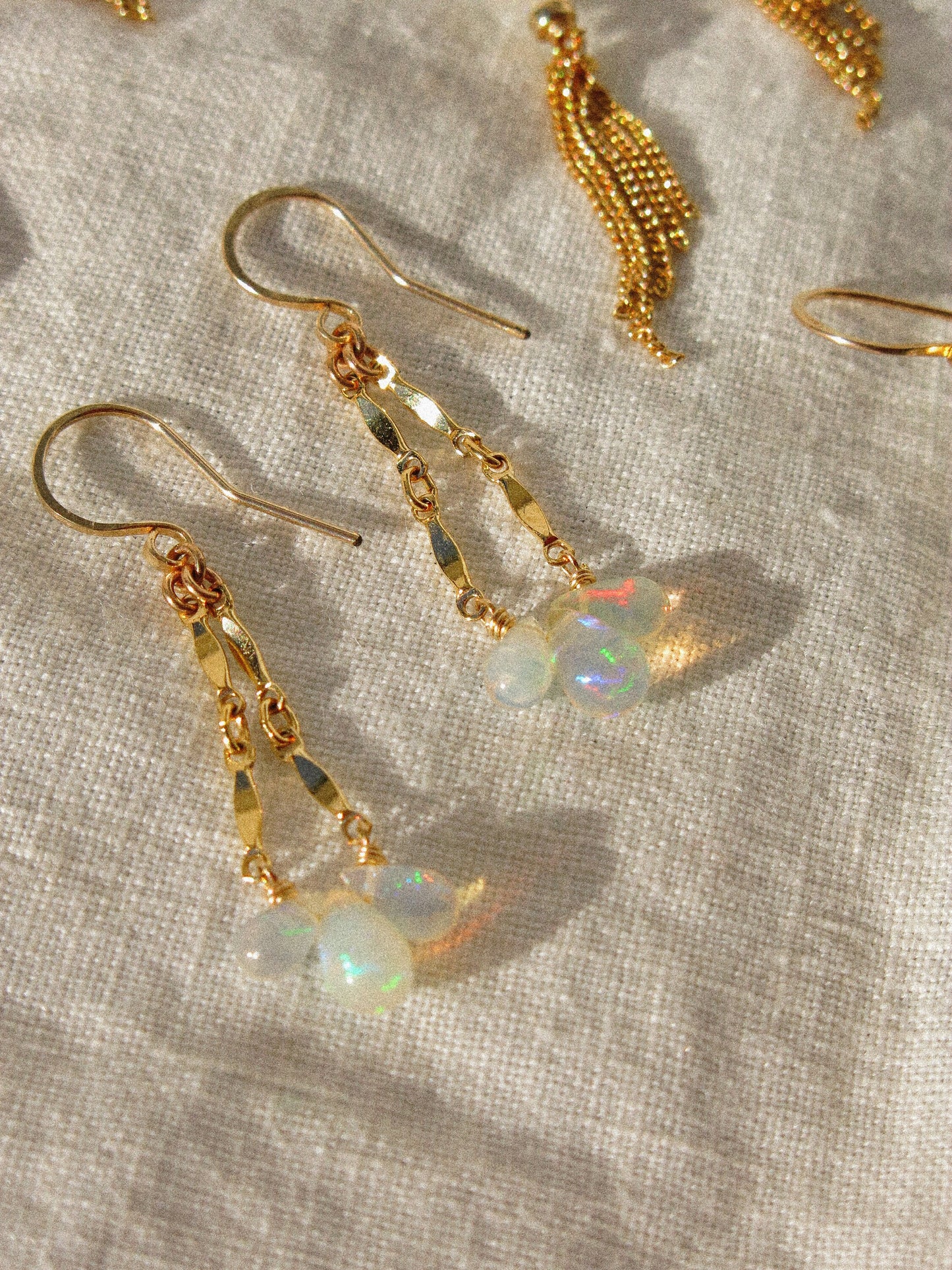 Smooth AAA Ethiopian Welo Opal Drop Trio Catcher Dangle Earrings in 14K Gold Fill, October Birthstone, Victorian-inspired jewelry, dainty