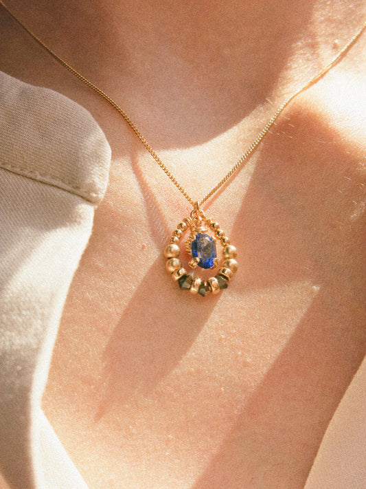 Suila Necklace #2 with Faceted Blue Topaz in Prong Setting with Beaded Frame in Swarovski Crystals, 14K Gold Fill