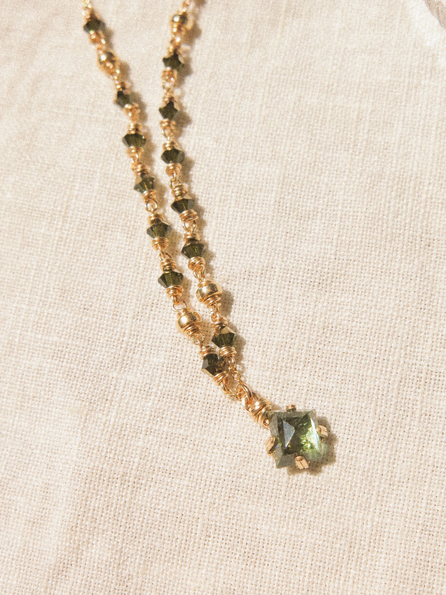 Forest Green Tourmaline Prong Set Pendant Necklace with Swarovski Crystal Accent, 14K Gold Fill