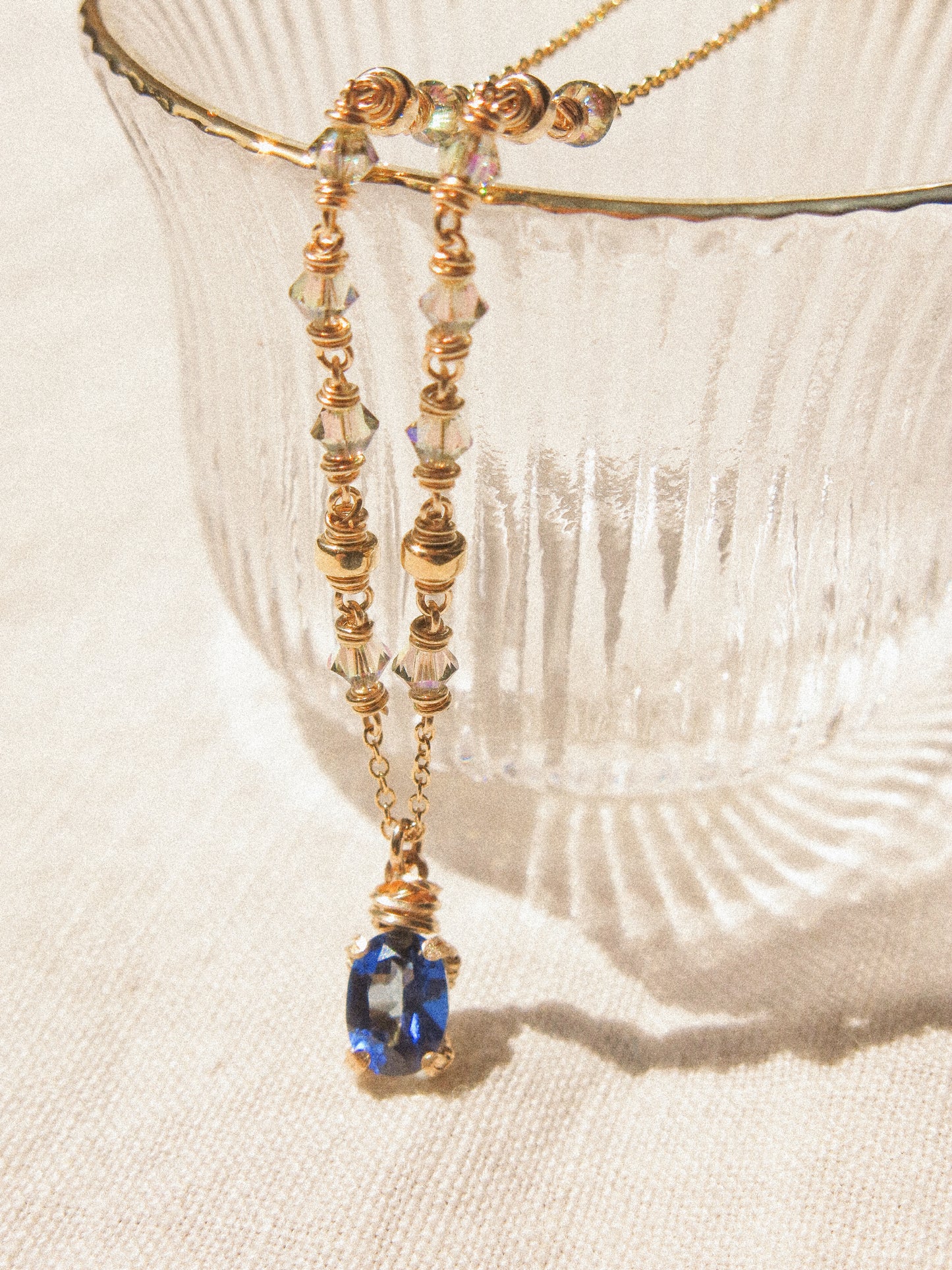 Faceted Blue Topaz in Prong Setting Necklace #1 with Swarovski Crystals, 14K Gold Fill