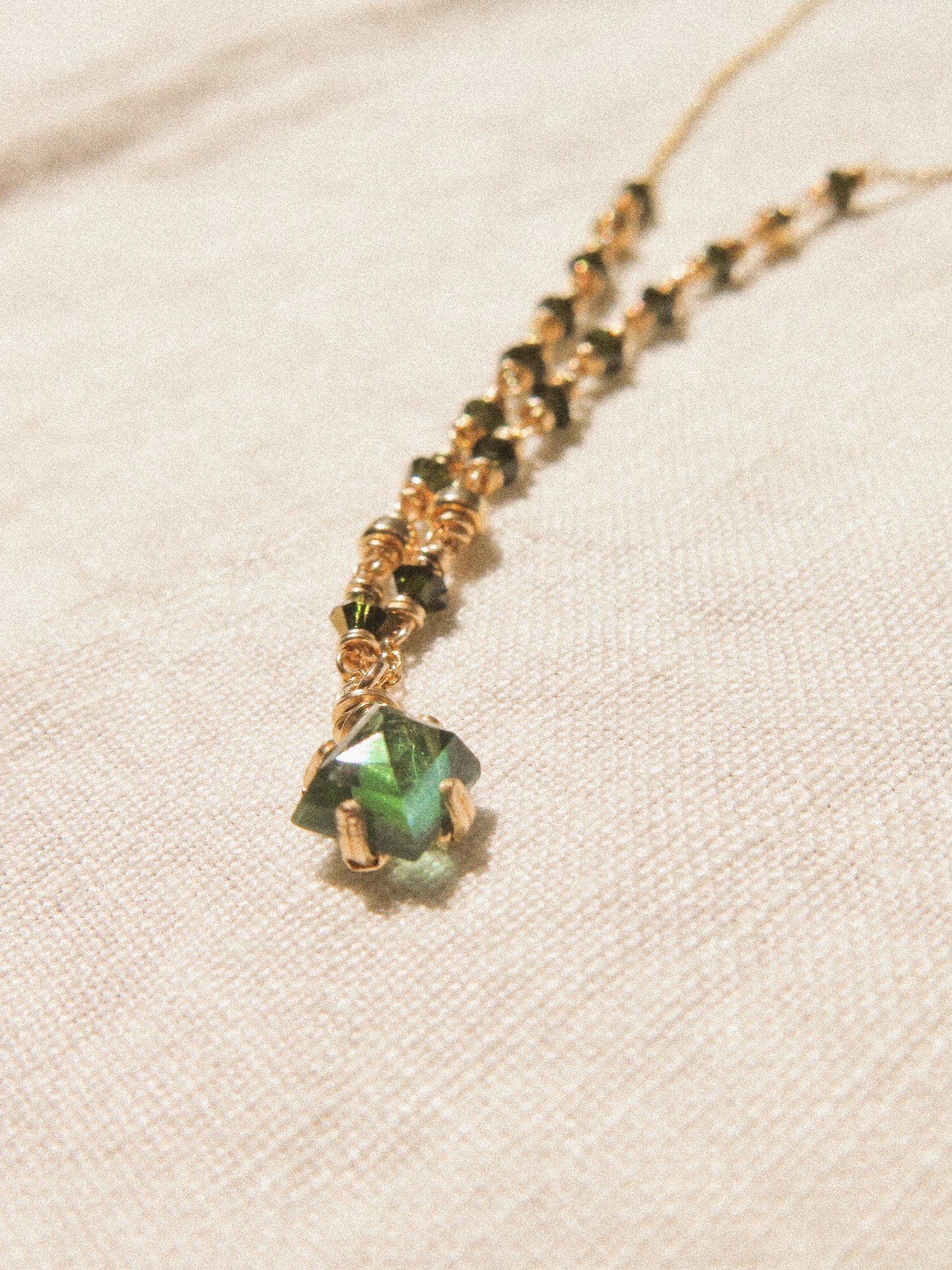 Forest Green Tourmaline Prong Set Pendant Necklace with Swarovski Crystal Accent, 14K Gold Fill