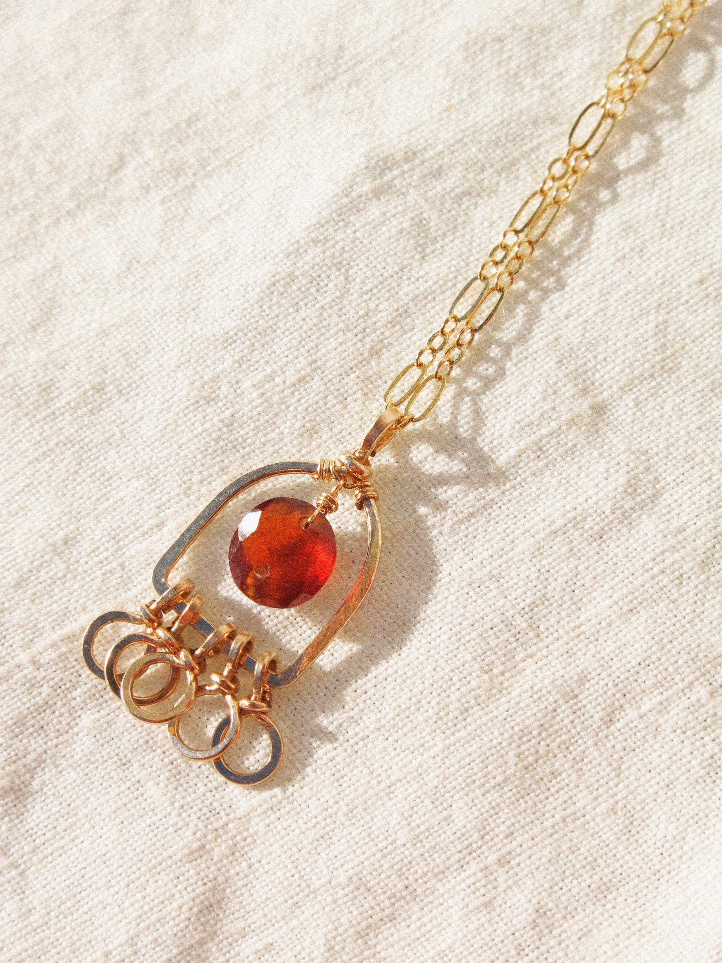 Faceted Round Hessonite Garnet in Hammered Window Frame and Circle Charms Necklace in 14K Gold Fill, January birthstone, Geometric Jewelry