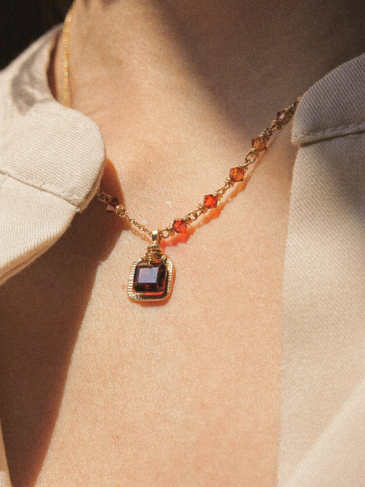 Octagon Mozambique Garnet in Textured Frame Necklace with Ombré Swarovski Crystal Accent, 14K Gold Fill