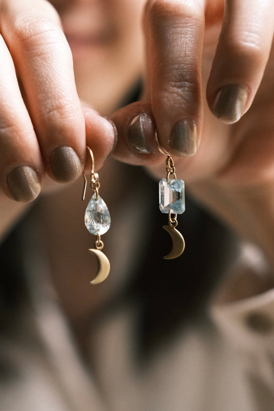 “Moon on the Sea” Faceted Aquamarine and Crescent Moon Earrings, 14K Gold Fill