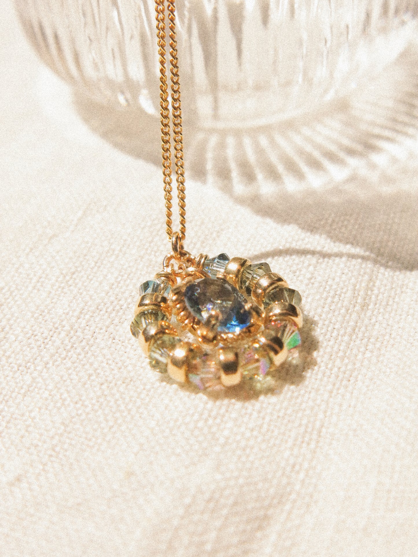 Suila Necklace #1 with Faceted Blue Topaz in Prong Setting with Beaded Frame in Swarovski Crystals, 14K Gold Fill