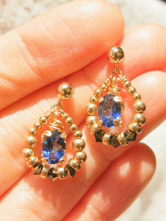 Suila Earrings with Faceted Blue Topaz in Prong Setting with Beaded Frame in Swarovski Crystals, 14K Gold Fill