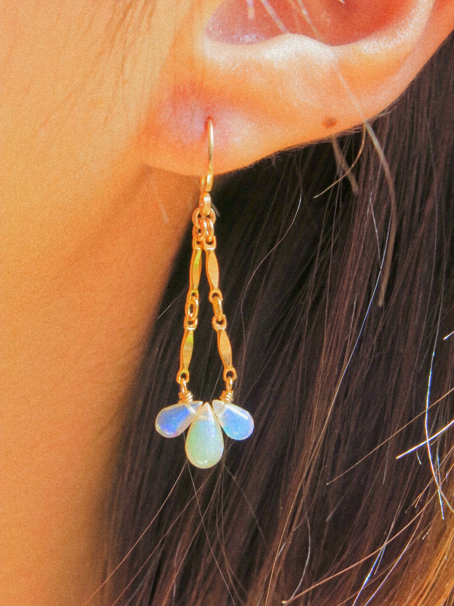 Smooth AAA Ethiopian Welo Opal Drop Trio Catcher Dangle Earrings in 14K Gold Fill, October Birthstone, Victorian-inspired jewelry, dainty