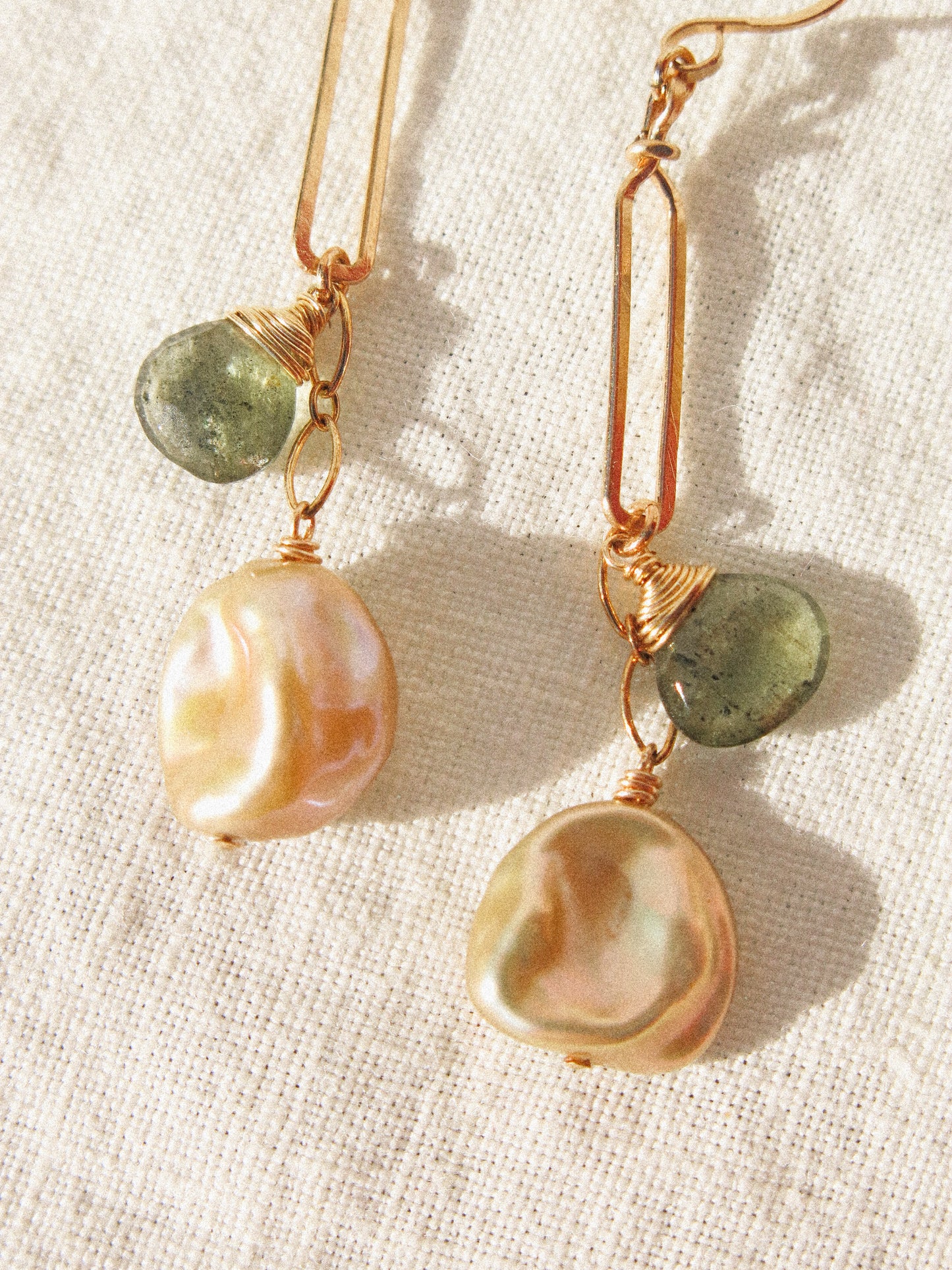 Golden Keshi Pearl and Faceted Moss Aquamarine Briolette on Rectangle Frame Dangle Earrings in 14K Gold Ill, March and June Birthstone