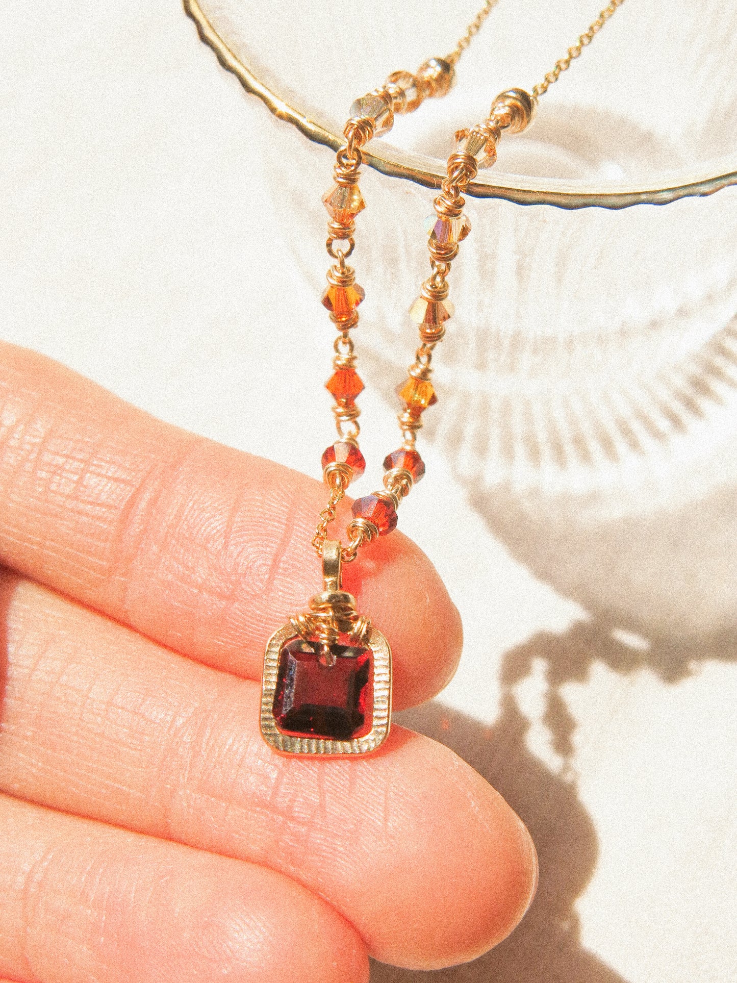 Octagon Mozambique Garnet in Textured Frame Necklace with Ombré Swarovski Crystal Accent, 14K Gold Fill