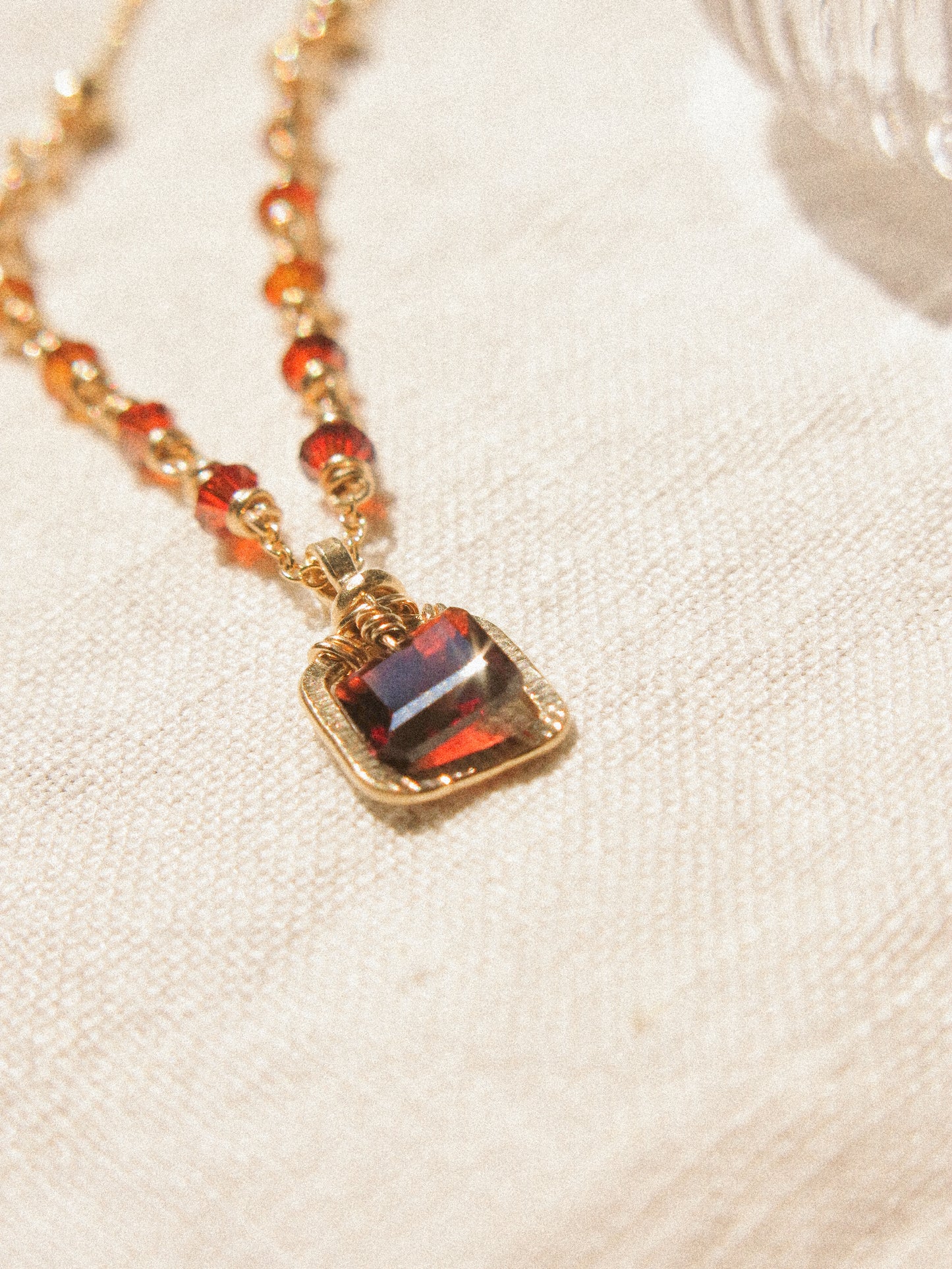 Octagon Mozambique Garnet in Textured Frame Necklace with Ombré Swarovski Crystal Accent, 14K Gold Fill