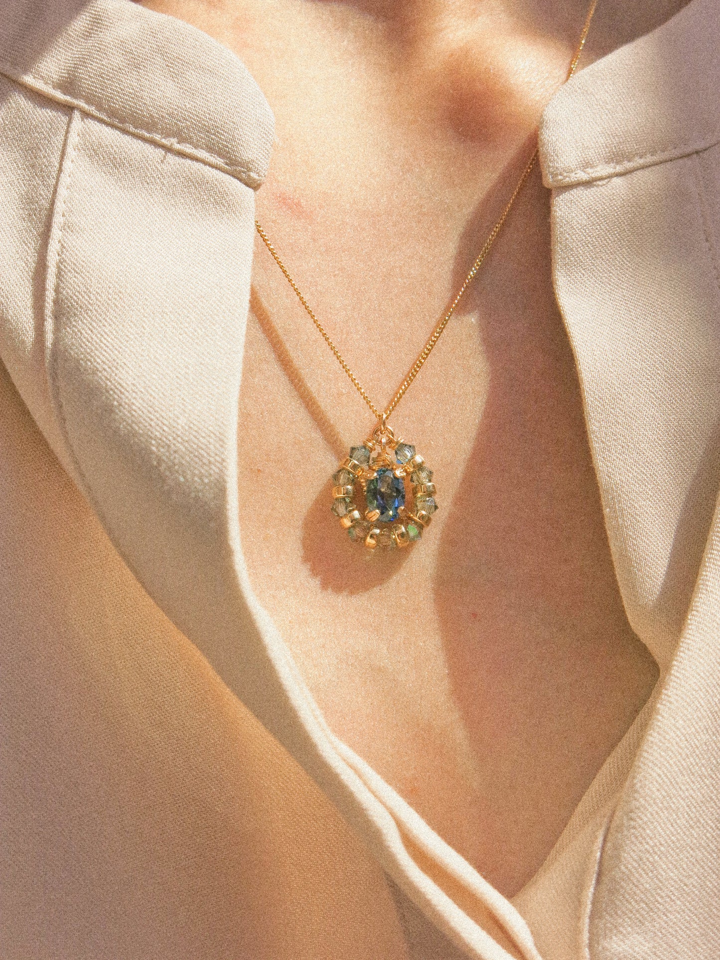 Suila Necklace #1 with Faceted Blue Topaz in Prong Setting with Beaded Frame in Swarovski Crystals, 14K Gold Fill