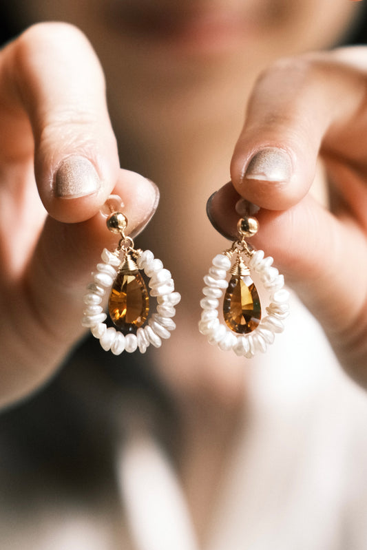 Petit White Keshi Pearl Frame with Concave Cut Citrine Ball Post Earrings in 14K Gold Fill