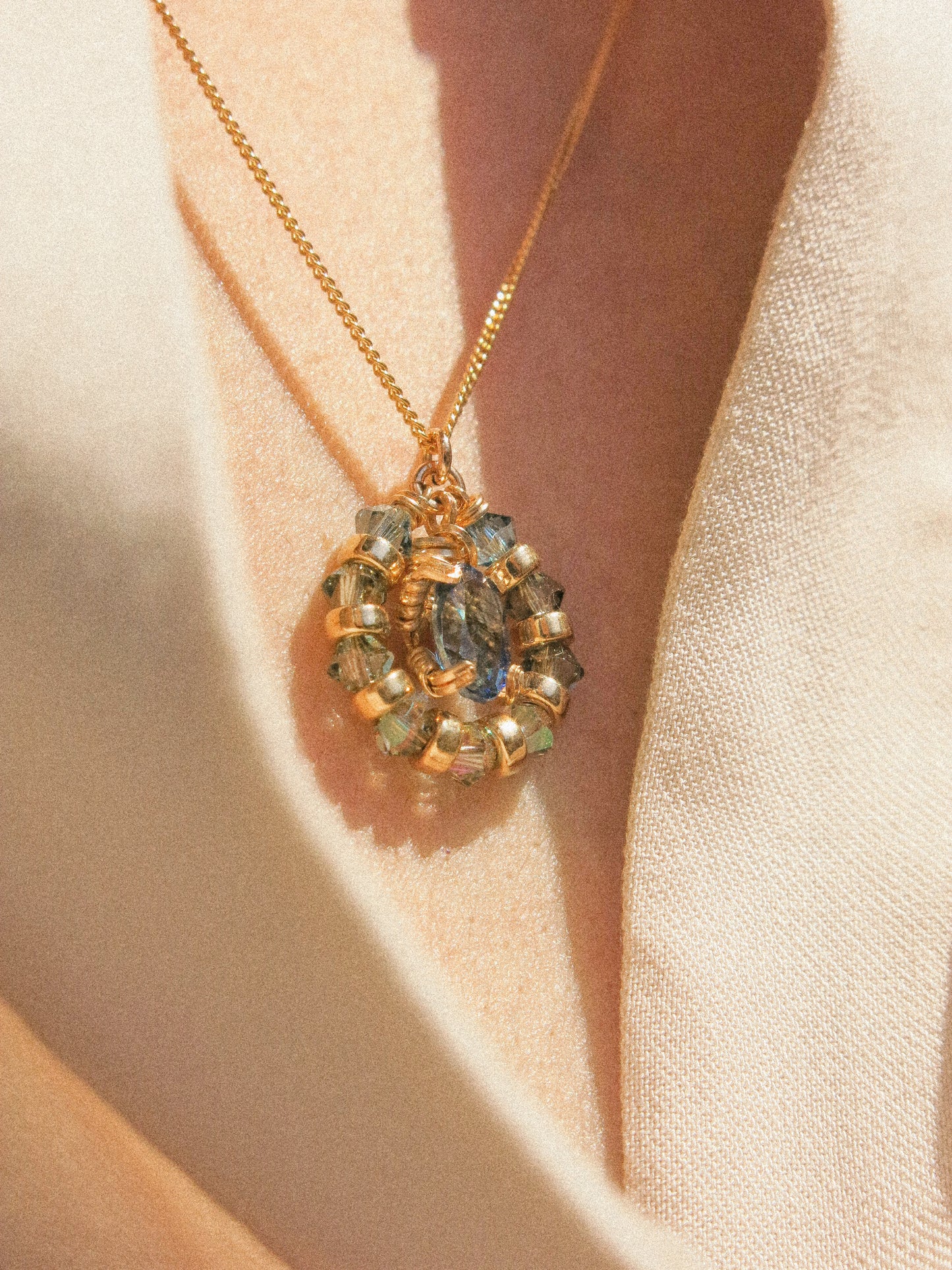 Suila Necklace #1 with Faceted Blue Topaz in Prong Setting with Beaded Frame in Swarovski Crystals, 14K Gold Fill