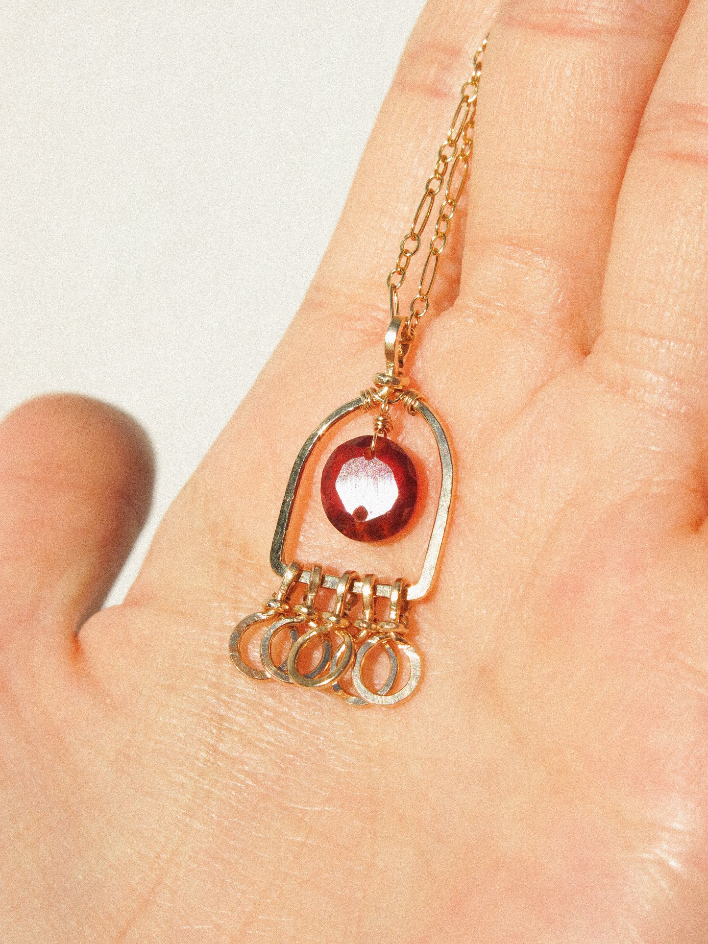 Faceted Round Hessonite Garnet in Hammered Window Frame and Circle Charms Necklace in 14K Gold Fill, January birthstone, Geometric Jewelry