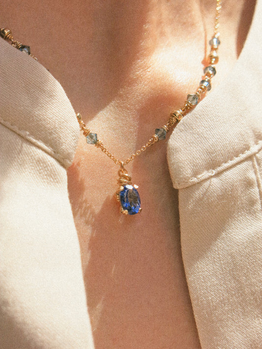 Faceted Blue Topaz in Prong Setting Necklace #2 with Swarovski Crystals, 14K Gold Fill