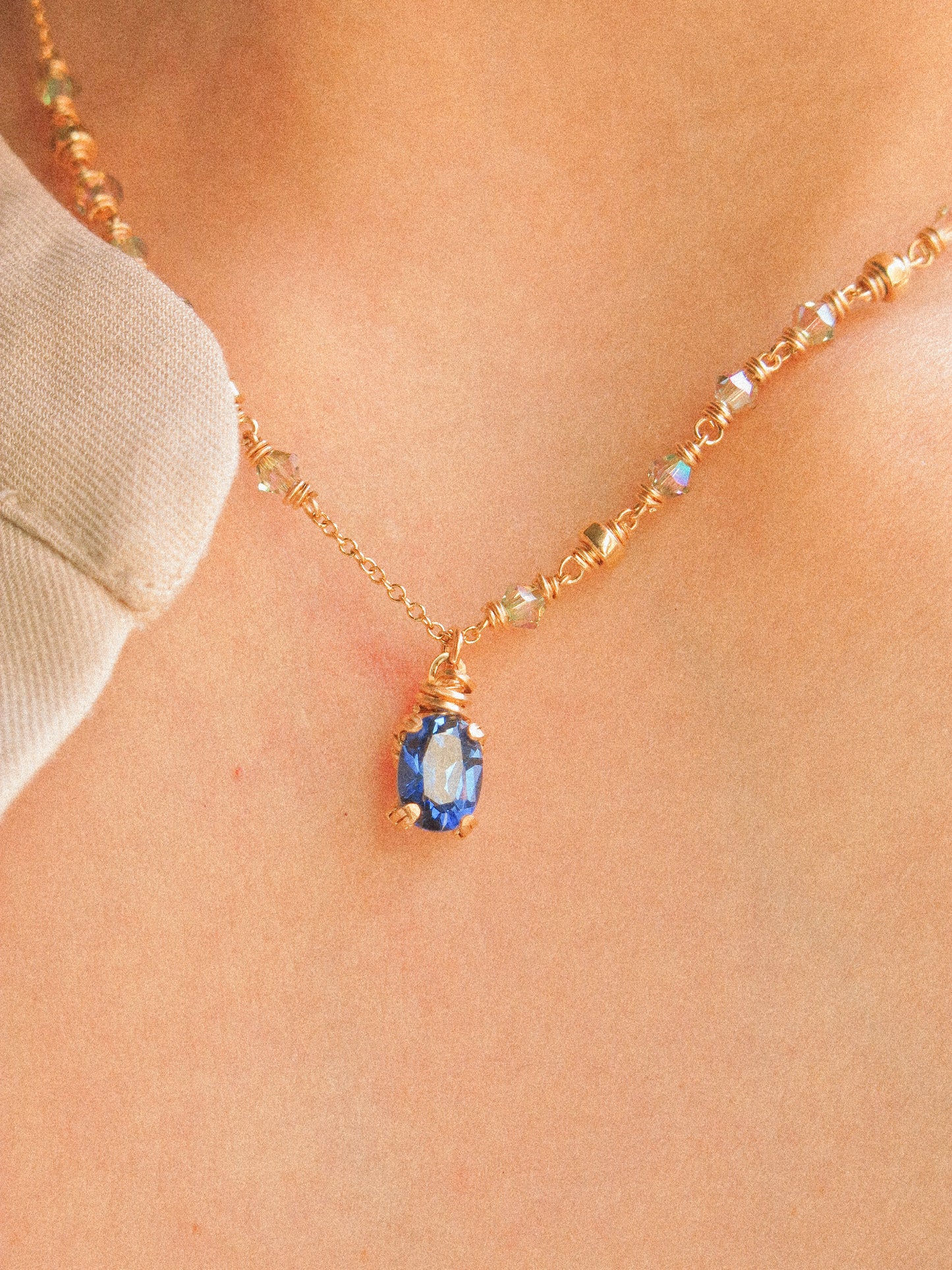 Faceted Blue Topaz in Prong Setting Necklace #1 with Swarovski Crystals, 14K Gold Fill