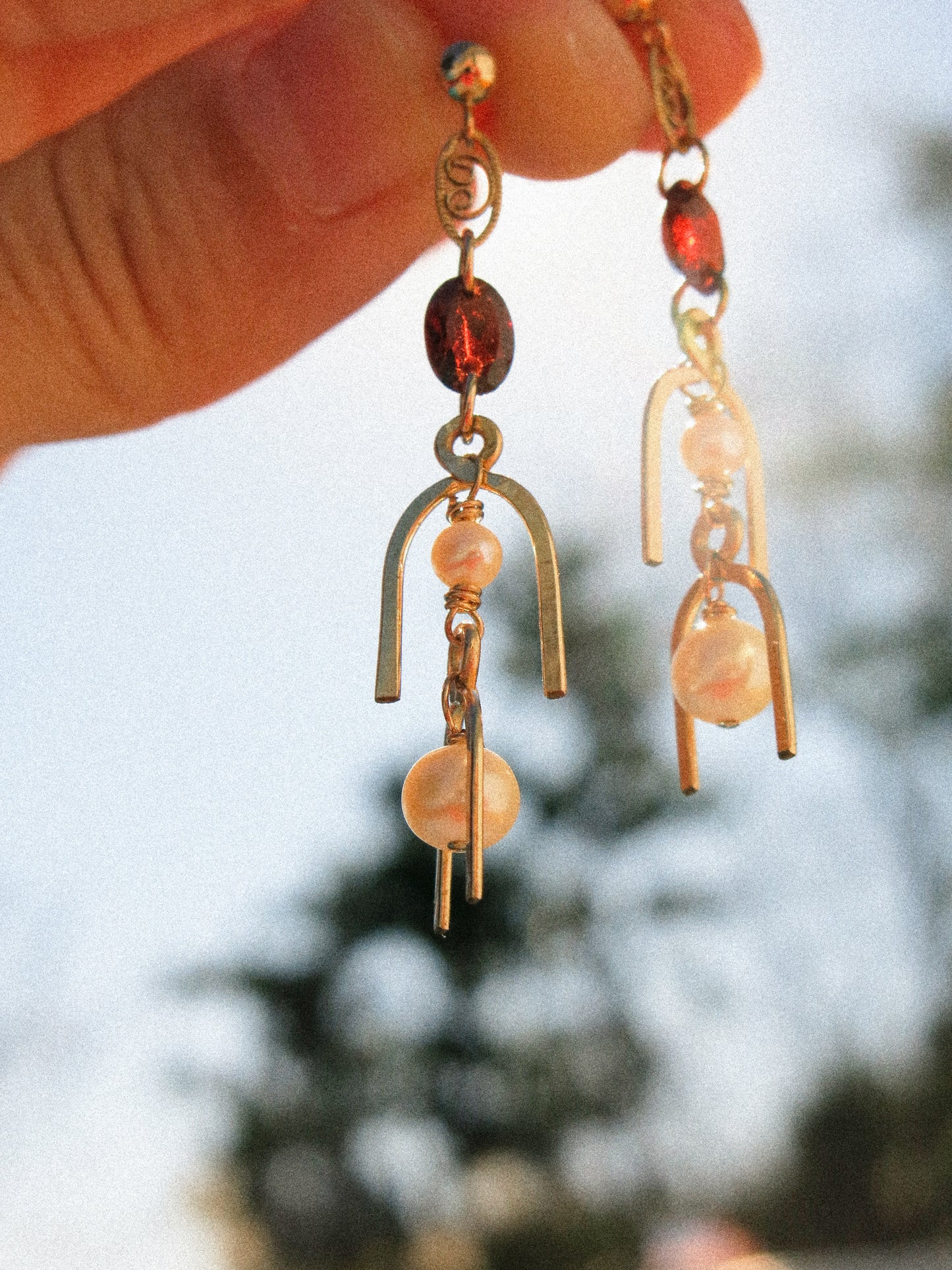 White Pearl and Faceted Oval Mozambique Garnet and 3D Arc Ball Post Earrings in 14K Gold Fill, January and June Birthstone, Cascading Dangle