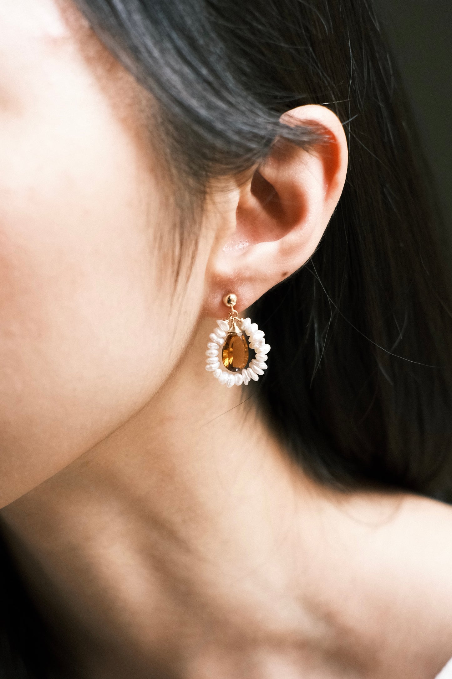 Petit White Keshi Pearl Frame with Concave Cut Citrine Ball Post Earrings in 14K Gold Fill