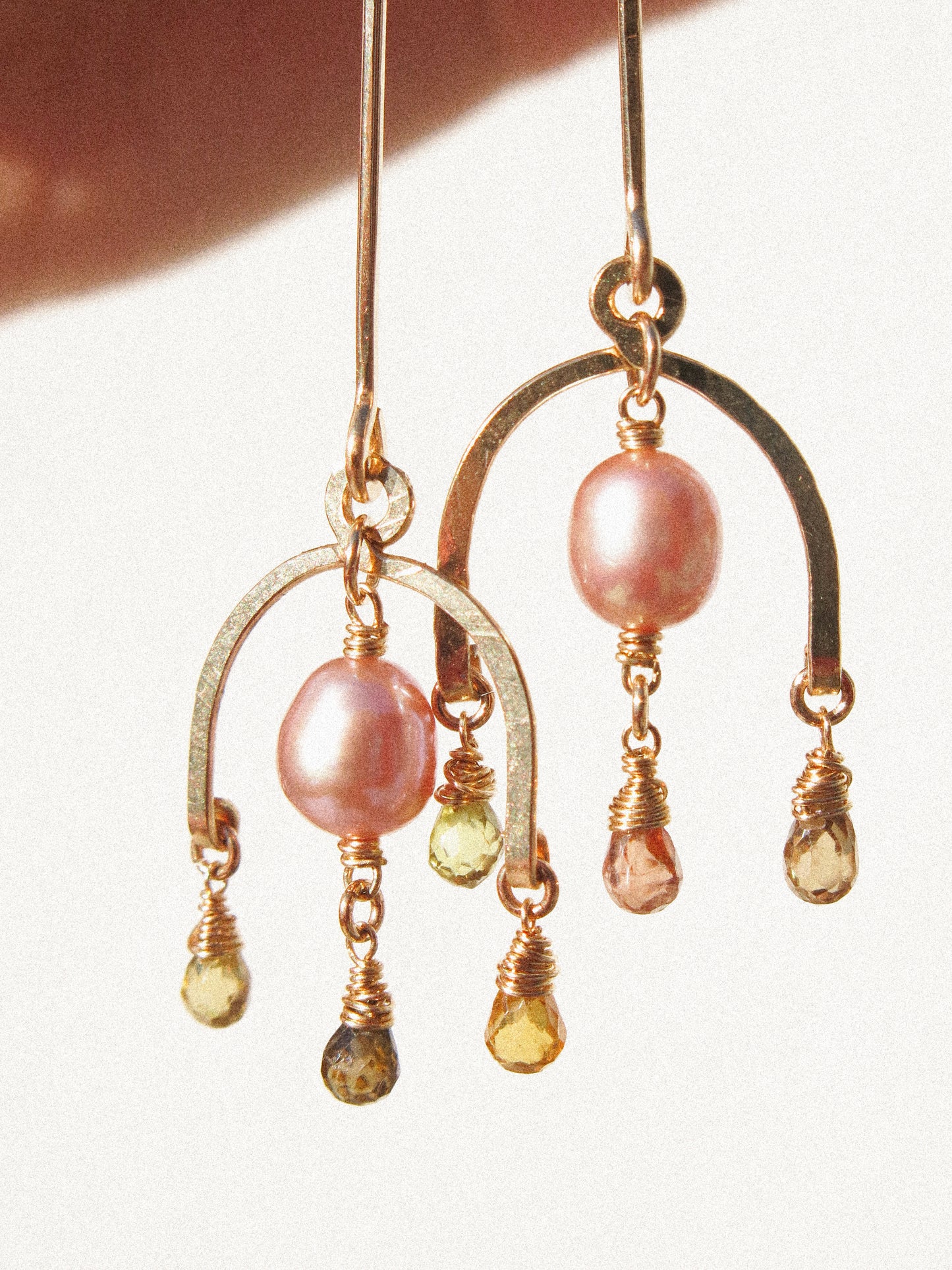 Lantern Bar Shoulder Dusters Earrings with Arc Chandelier, Mauve Pearl, and faceted Zircon Teardrops in 14K Gold Fill, December Birthstone