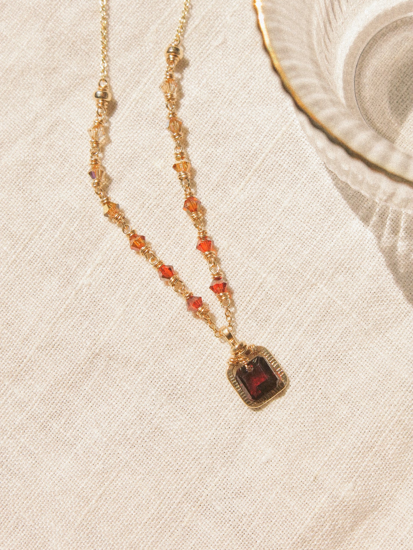 Octagon Mozambique Garnet in Textured Frame Necklace with Ombré Swarovski Crystal Accent, 14K Gold Fill