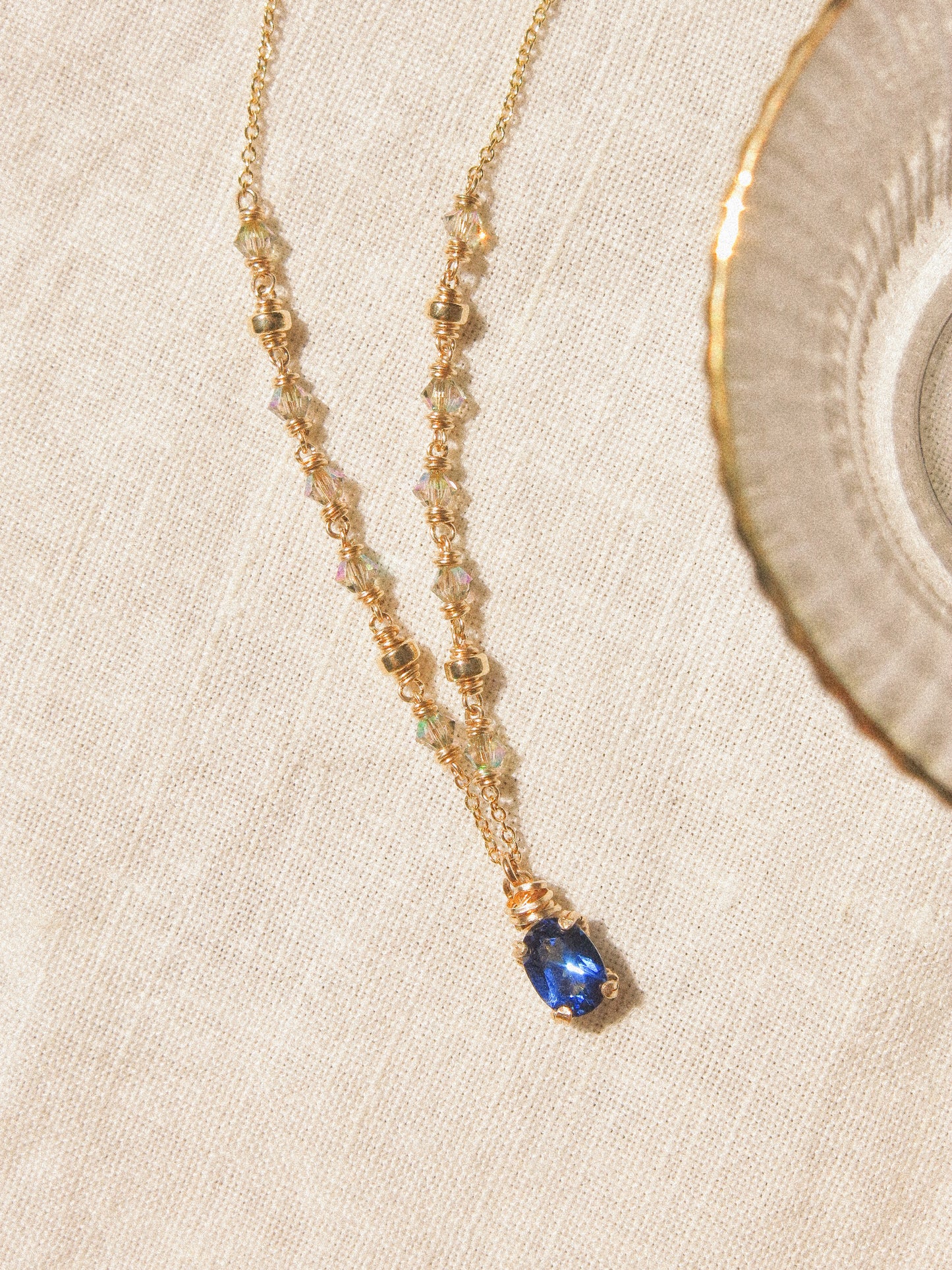 Faceted Blue Topaz in Prong Setting Necklace #1 with Swarovski Crystals, 14K Gold Fill