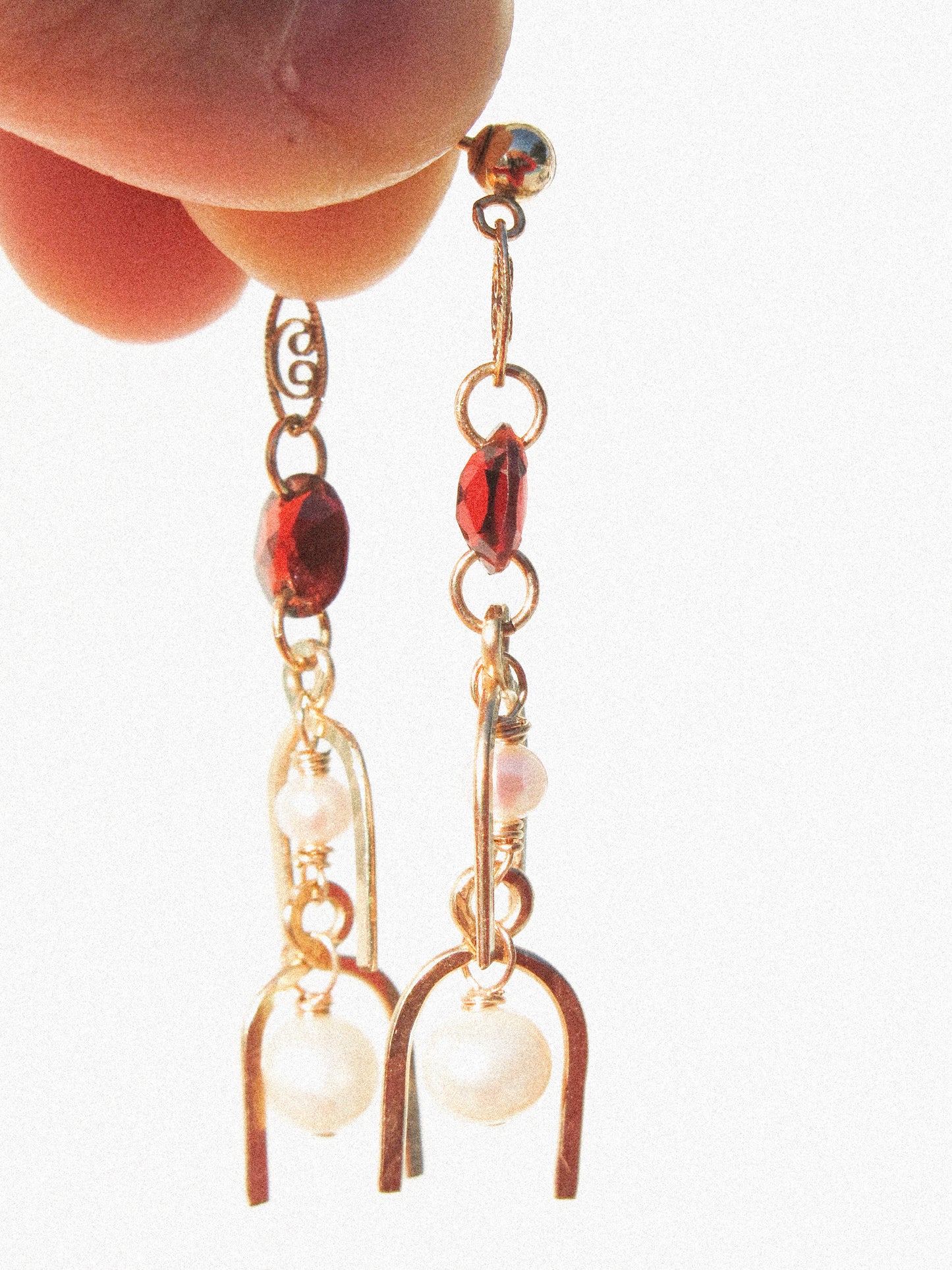 White Pearl and Faceted Oval Mozambique Garnet and 3D Arc Ball Post Earrings in 14K Gold Fill, January and June Birthstone, Cascading Dangle